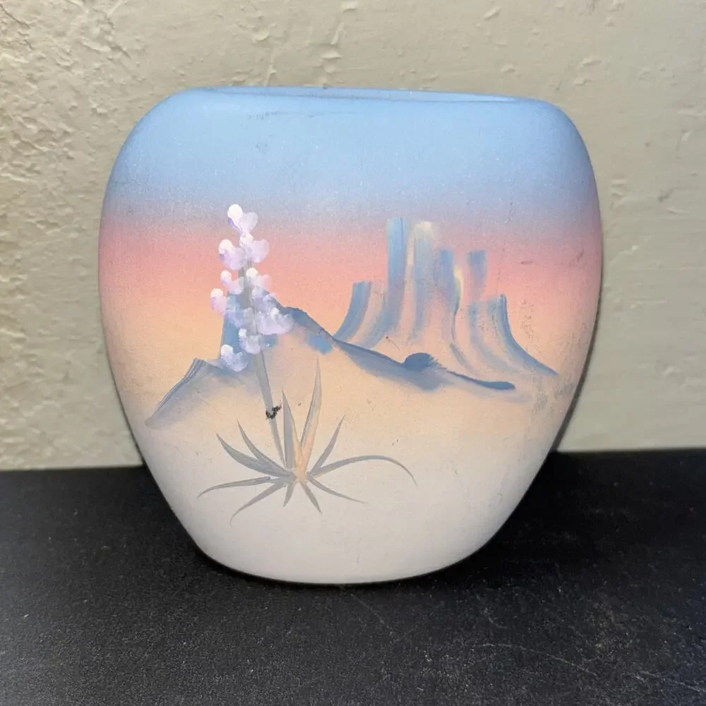 Vtg New West Pottery Hand Painted South Western Vase Cactus Signed 4